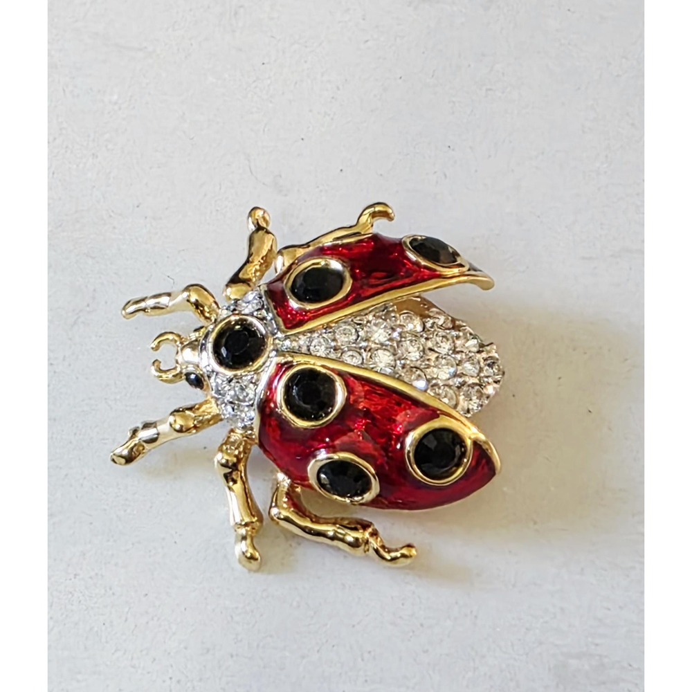 Vintage Signed BUTLER Red Enamel & Pavé Rhinestone Ladybug Brooch